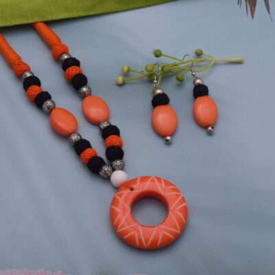 Orange Beaded Necklace Set with Earrings