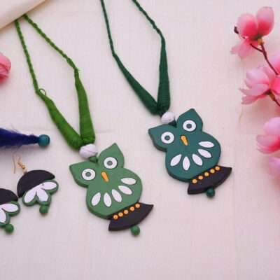 Quirky Owl Terracotta Necklace Set with Stud Earrings