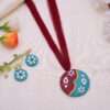 Maroon & Sky Blue Disc Terracotta Necklace set with Stud Earrings