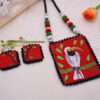 White Pelican Print on Crimson Fabric Long Necklace Set with Earrings