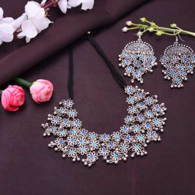 Choker Set with Blue Stones And Jhumkas