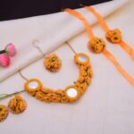 Yellow Mirrored Necklace Set with Earrings, & Maangtika