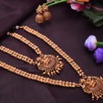 Antique Gold Long Necklace Set With Stones, Pearls And Earrings