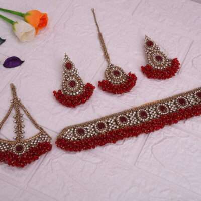 Elegant Red Choker with Beads & American Diamond With Jhumkas & Maangtika
