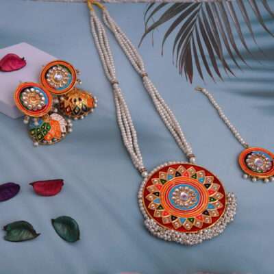 Vibrant Meenakari Necklace with Strings of Pearls & Crystals with Earrings & Maangtika