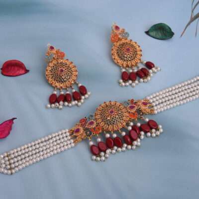 Elegant Navratan Bridal Choker with Beads & Gemstones with Earrings