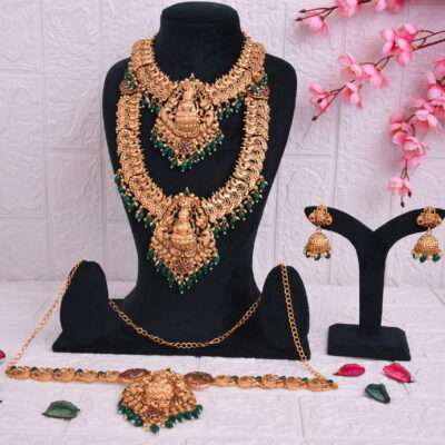Maa Lakshmi Choker & Rani Haar Golden Green Beads Necklace with Jhumkas & Kamarbandh Wedding Set